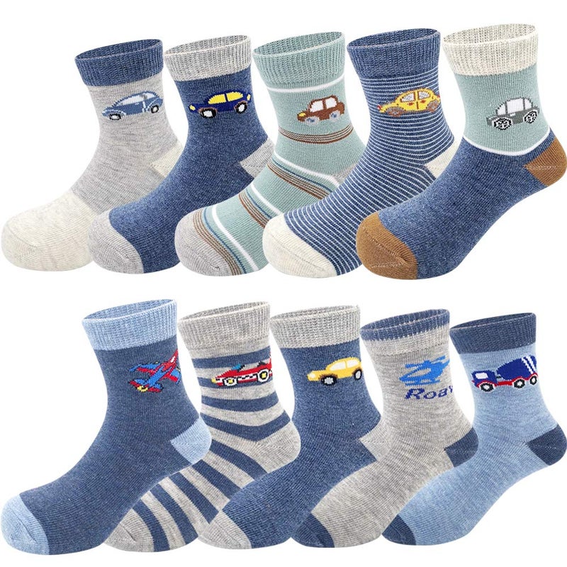 Zumou Toddler Kids Little Boys Fashion Cotton Crew Socks 10 Pack (L 5-7 Years, Automobile) - Image 1
